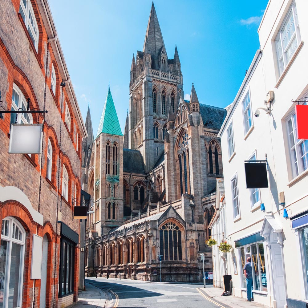Truro Cathedral viewed from a city street in Truro, Cornwall.